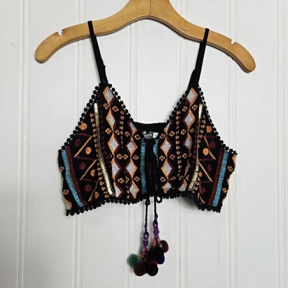 Earthbound Boho Tank Top XL NWT Tribal Beaded Sequin Pompom Tassel Cropped Black - Picture 3 of 10